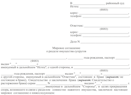 образец мирового соглашение при разделе имущества супругов